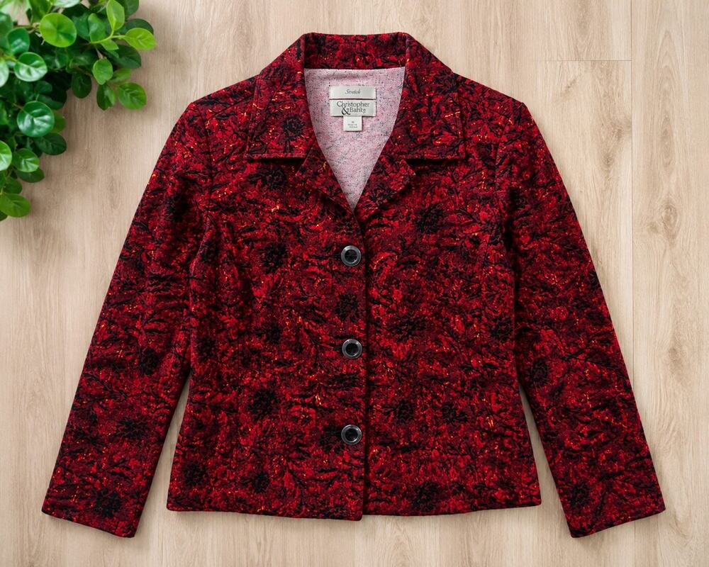 Christopher & Banks Womens M Red Geometric Floral Jacket Button Front Casual